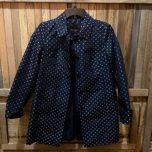 Talbots Rain Jacket/trench coat, Navy blue with silver polka dot, size 4p